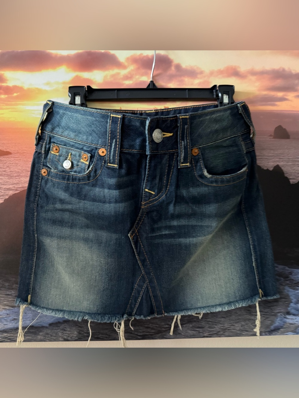 True Religion Dark Wash Denim Raw Hem Mini Skirt /26/ New